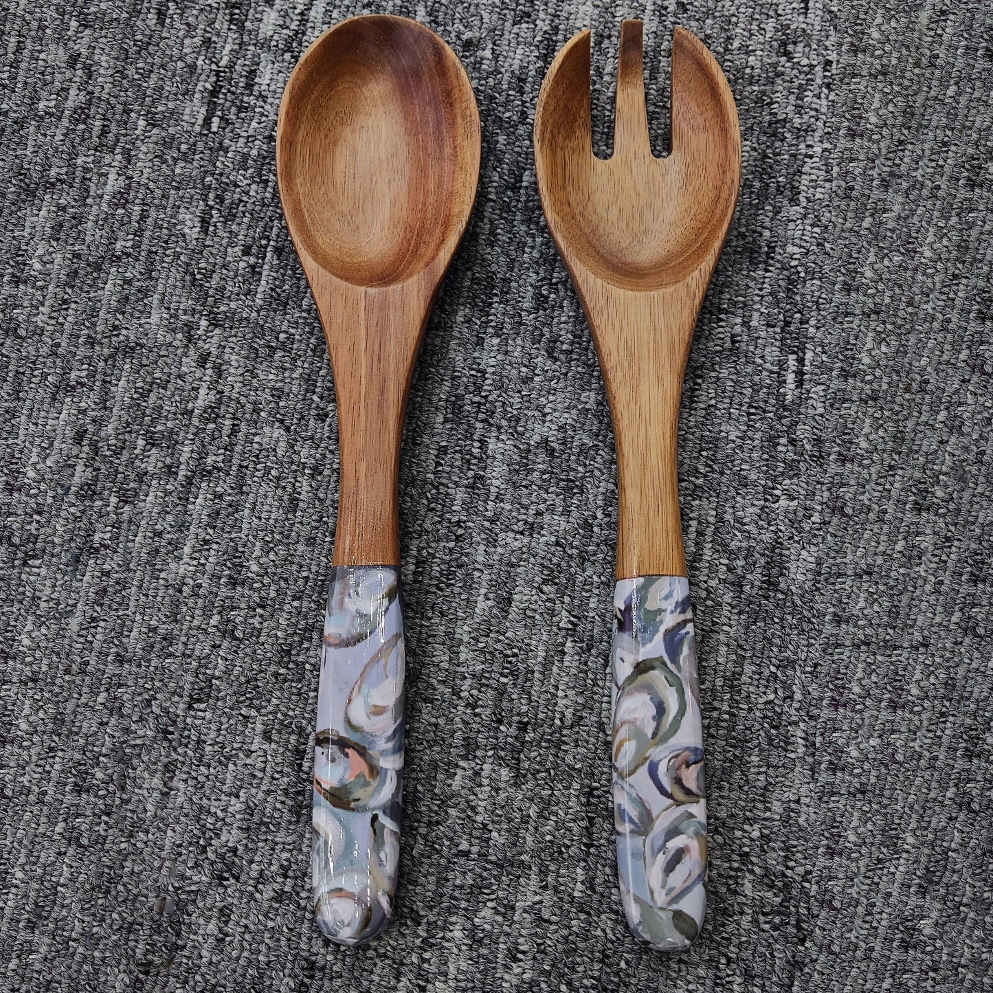 Kim Hovell Art - Wooden Salad Utensils - Pewter Shells