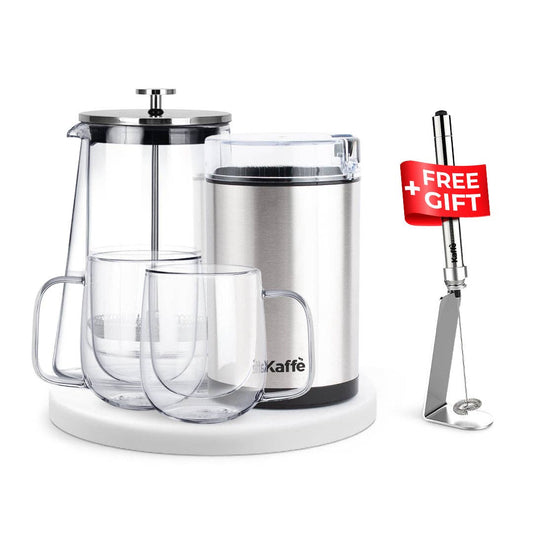 The Coffee Lovers Bundle includes a 34 oz French Press, 10 oz double-wall mugs, a compact blade grinder, and a FREE milk frother. Perfect for brewing rich coffee or tea. Shop now for the ultimate home coffee experience.