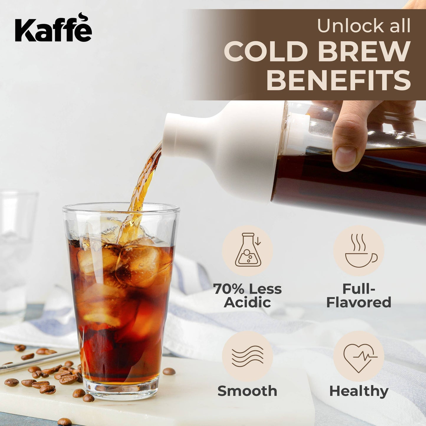 Kaffe Cold Brew Coffee Maker - 1L Glass Coffee Pitcher with Filter