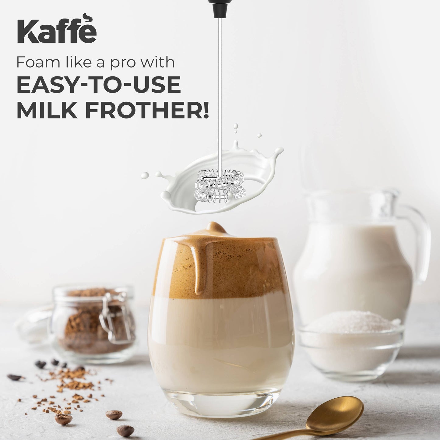 Kaffe - Kaffe Handheld Milk Frother with Stand - USB Rechargeable: Stainless Steel