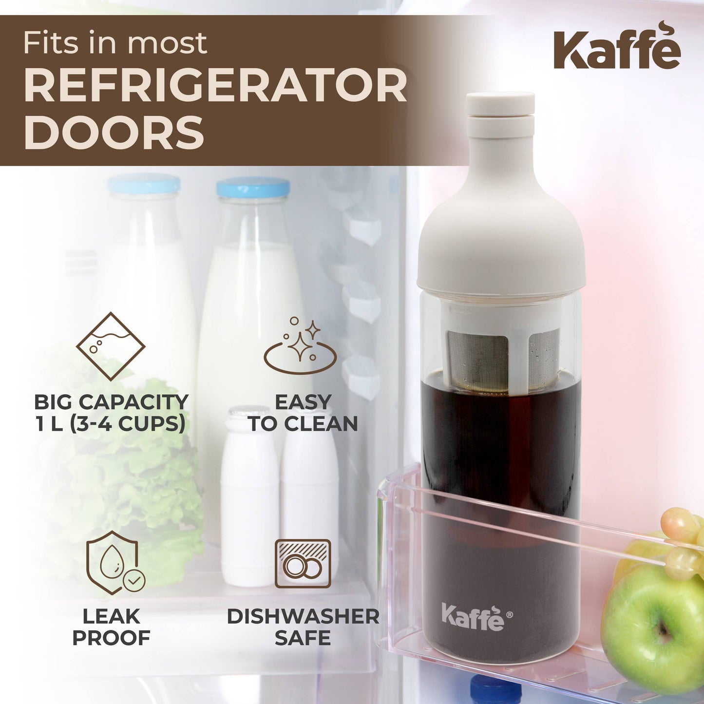 Kaffe Cold Brew Coffee Maker - 1L Glass Coffee Pitcher with Filter