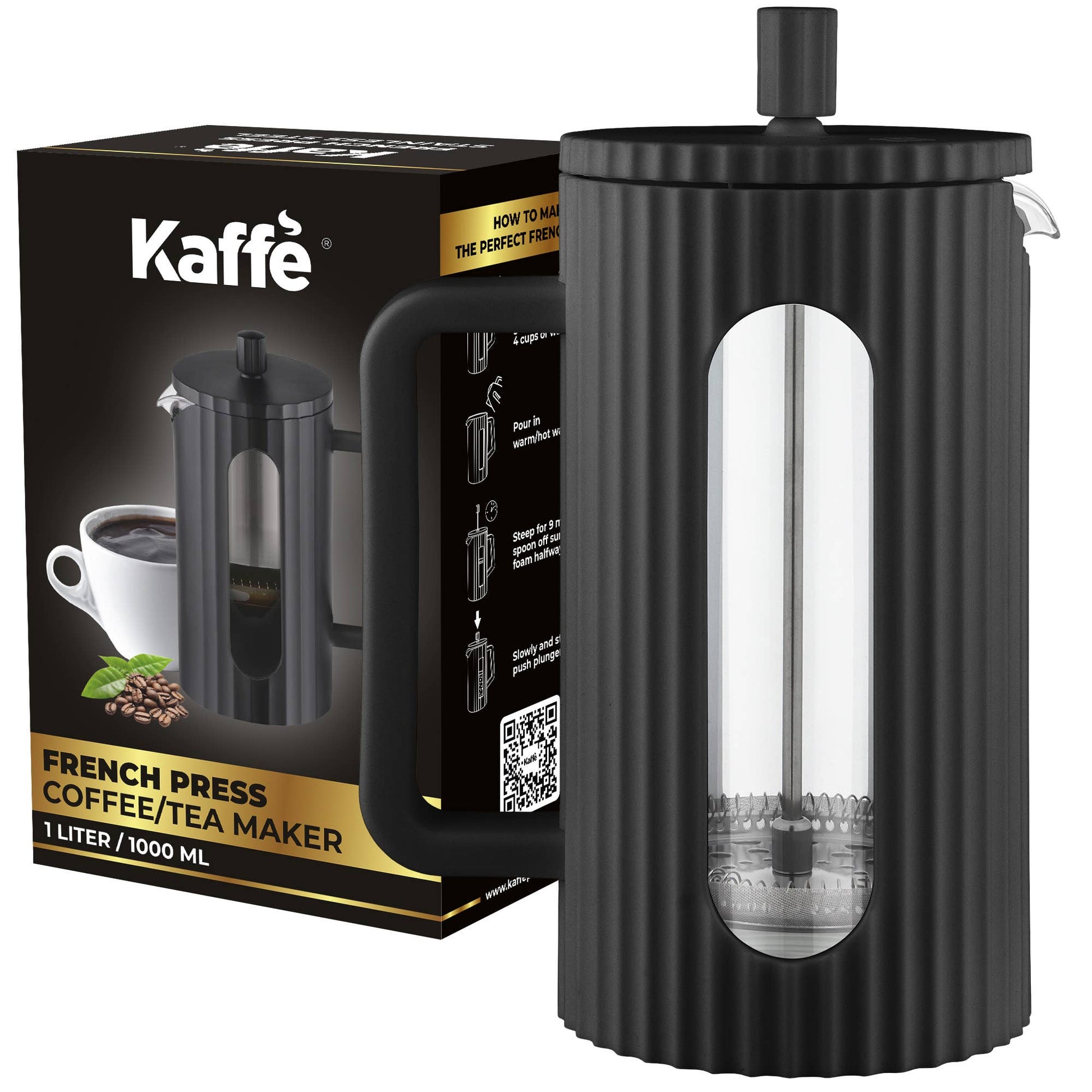 A sleek black 1L Kaffe Large French Press Coffee Maker with a double-wall insulated design, fine mesh filter, and modern stainless steel construction. Ideal for brewing rich coffee or tea at home.