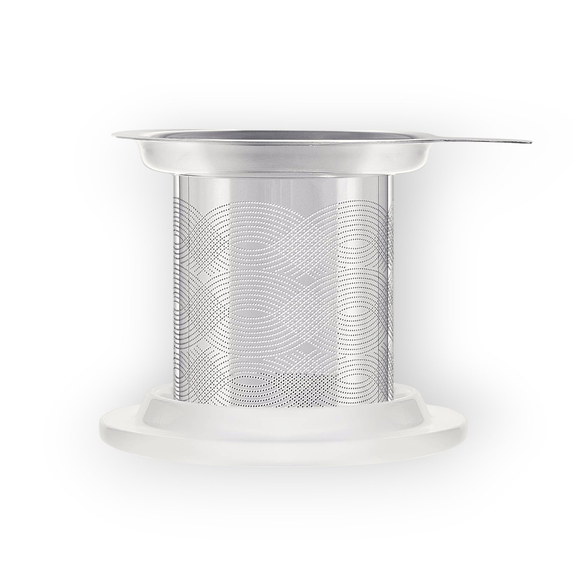 "Teabloom Universal Tea Infuser made of 18/8 stainless steel with a detailed perforated design and a porcelain lid, displayed on a white background."