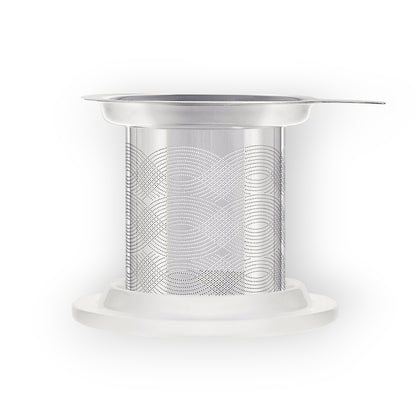 "Teabloom Universal Tea Infuser made of 18/8 stainless steel with a detailed perforated design and a porcelain lid, displayed on a white background."