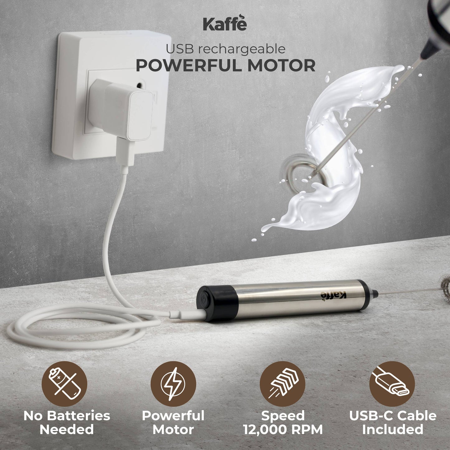 Kaffe - Kaffe Handheld Milk Frother with Stand - USB Rechargeable: Stainless Steel