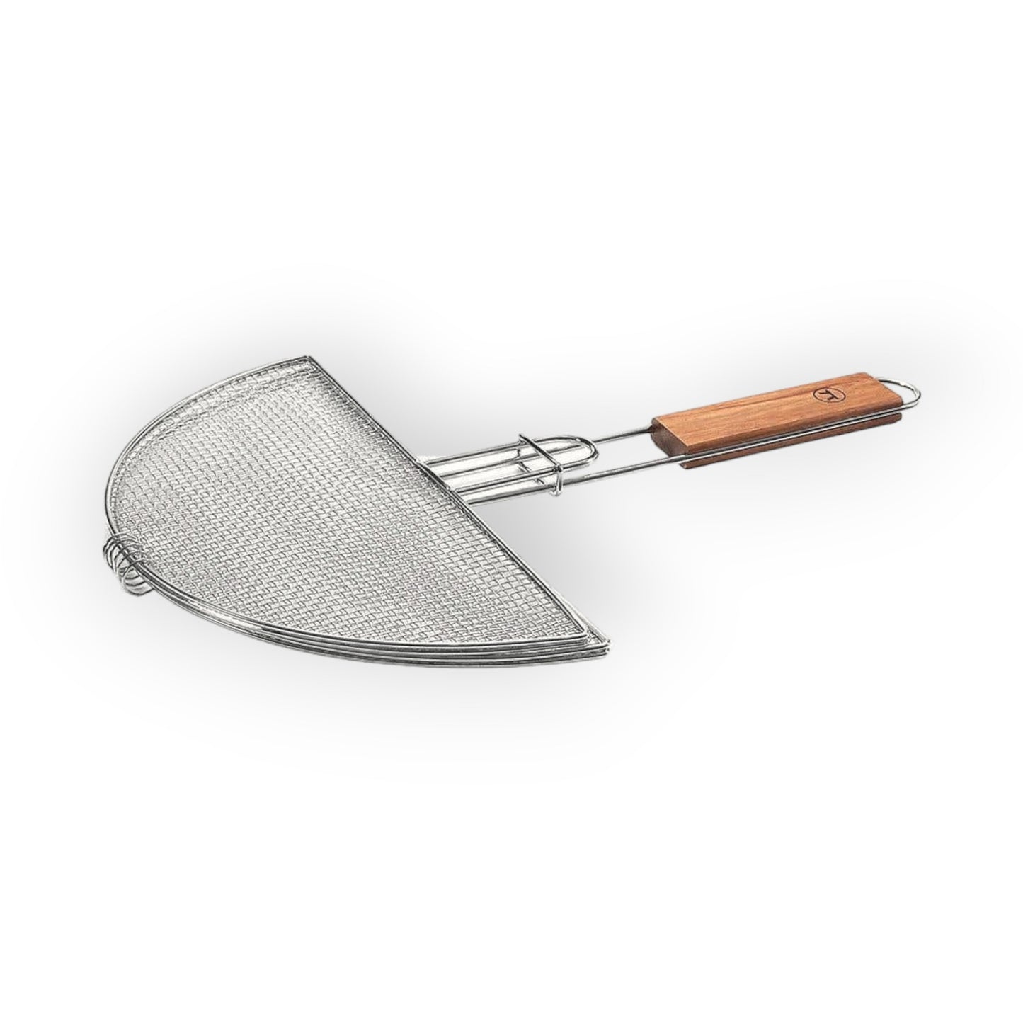 Half circle flat grilling basket for quesadillas, with a wood handle.