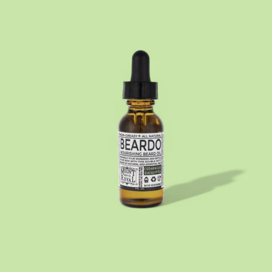 A bottle of Cedarwood & Eucalyptus Beard Oil with natural ingredients, including eucalyptus leaves and cedarwood.

