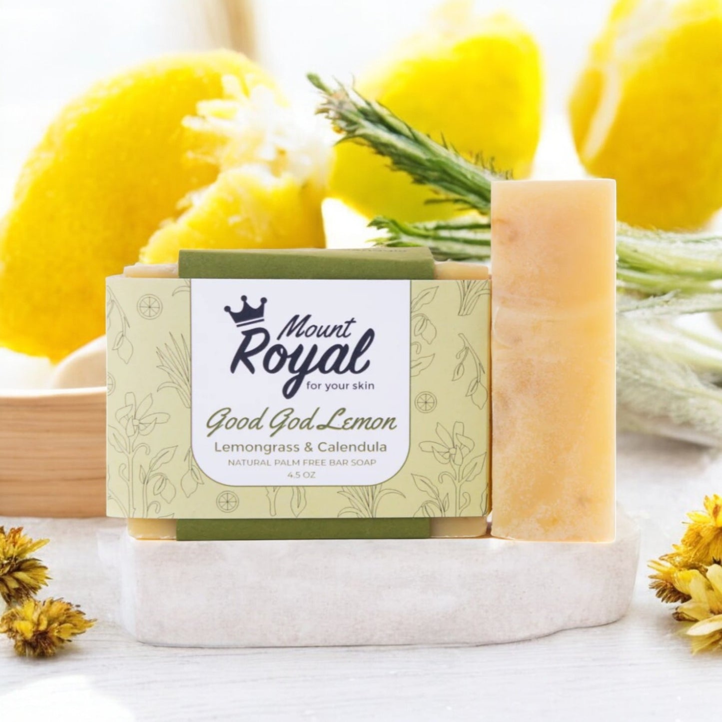 Mount Royal Soaps - Good God, Lemon Bar Soap with calendula petals, featuring a bright, citrusy scent and a natural exfoliating lather.