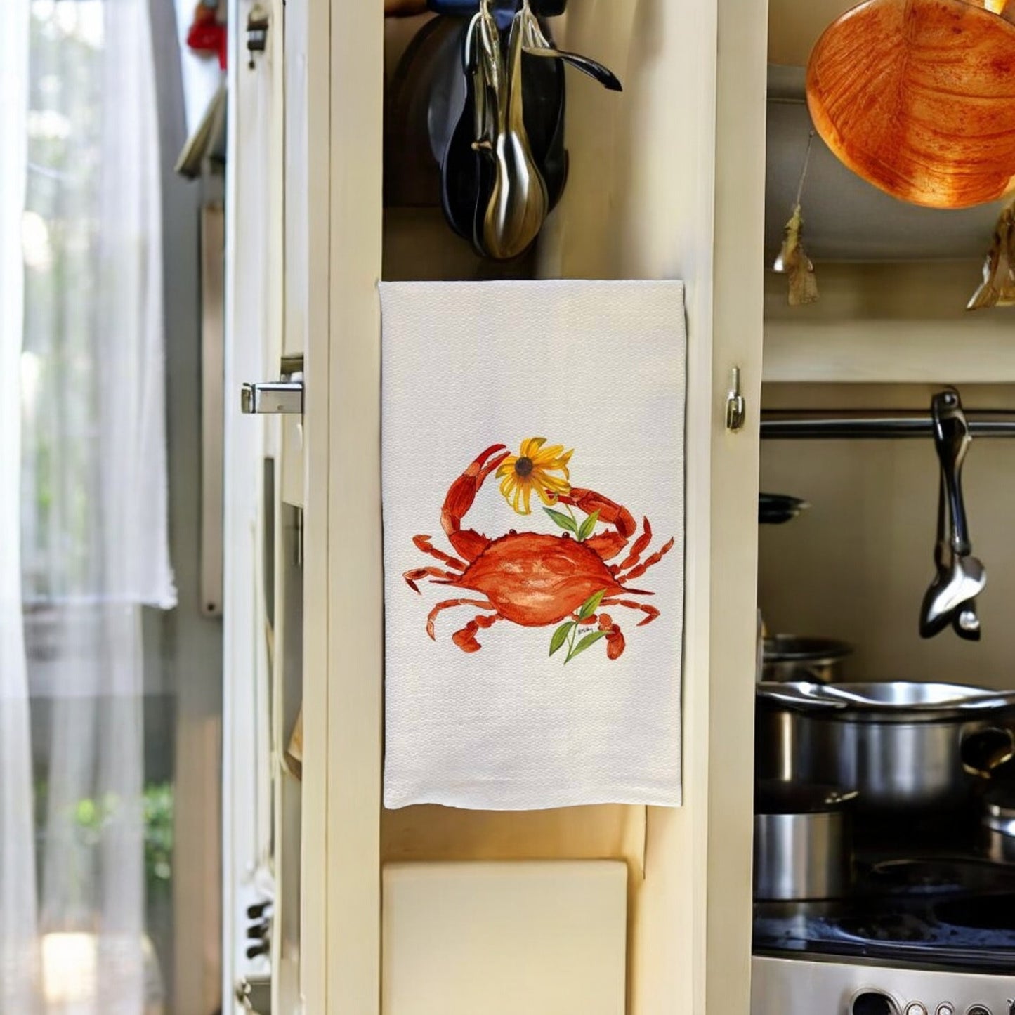 Red Steamed Crab with Black-Eyed Susan Kitchen Towel by B McVan Designs