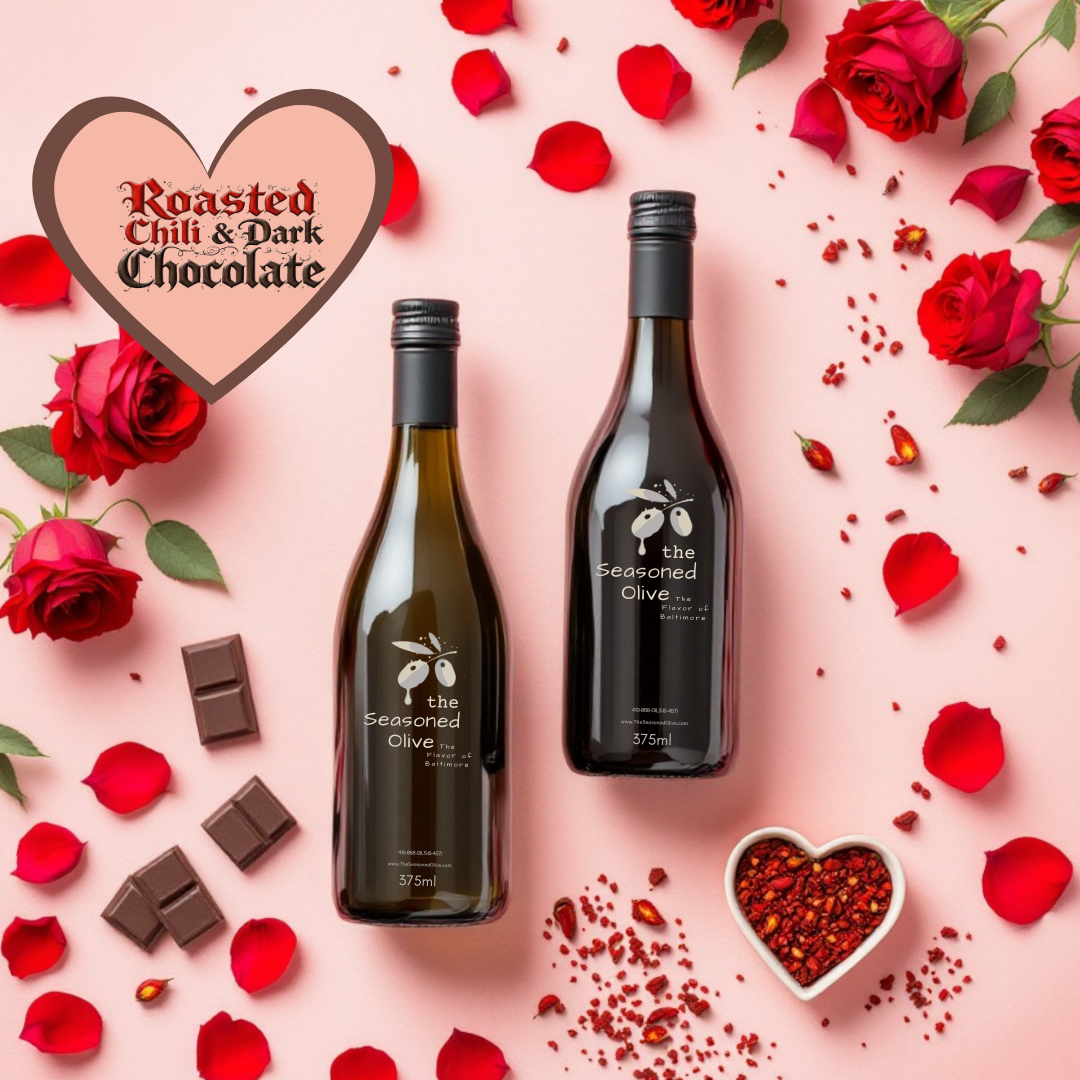 Roasted Chili Olive Oil and Dark Chocolate Balsamic Vinegar Valentine’s Day pairing, perfect for sweet and spicy recipes.