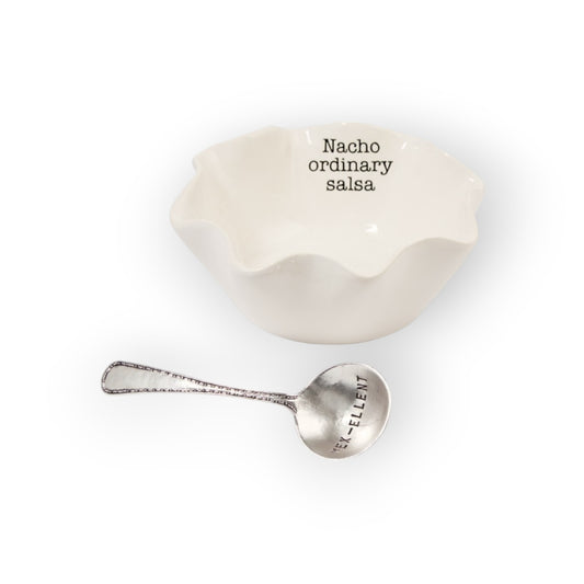 Ceramic salsa dip bowl with a ruffled tortilla shell design, featuring the "Nacho ordinary salsa" sentiment and a stamped "MEX-ELLENT" silverplate ladle for serving dips.