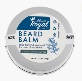 Cedarwood & Eucalyptus Beard Balm in a sleek tin, with natural ingredients for beard hydration and styling.