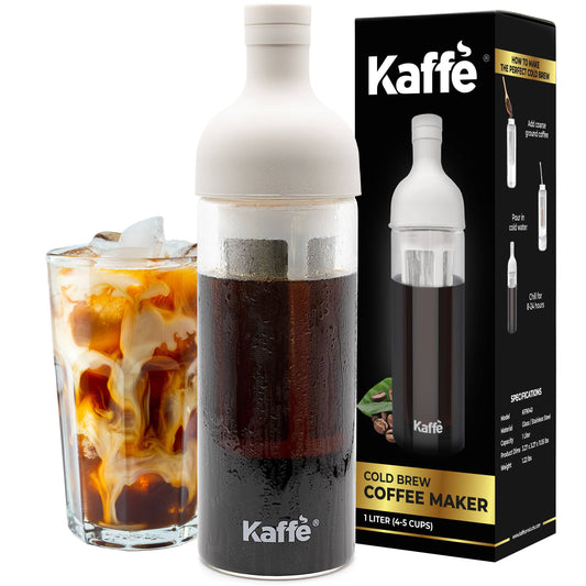 A 1L glass cold brew coffee maker by Kaffe, featuring a sleek glass pitcher with a fine mesh filter and lid. Perfect for brewing and serving rich, flavorful cold brew coffee at home.

