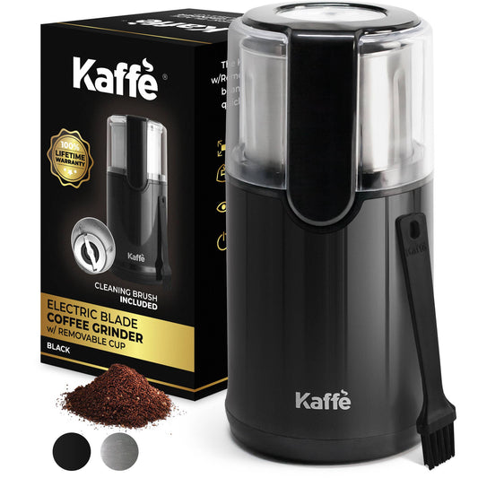 A black Kaffe Electric Blade Coffee Grinder with a 4.5oz removable stainless steel cup and sharp blades, designed for grinding coffee beans, spices, and nuts. Compact and easy to clean for home kitchens.