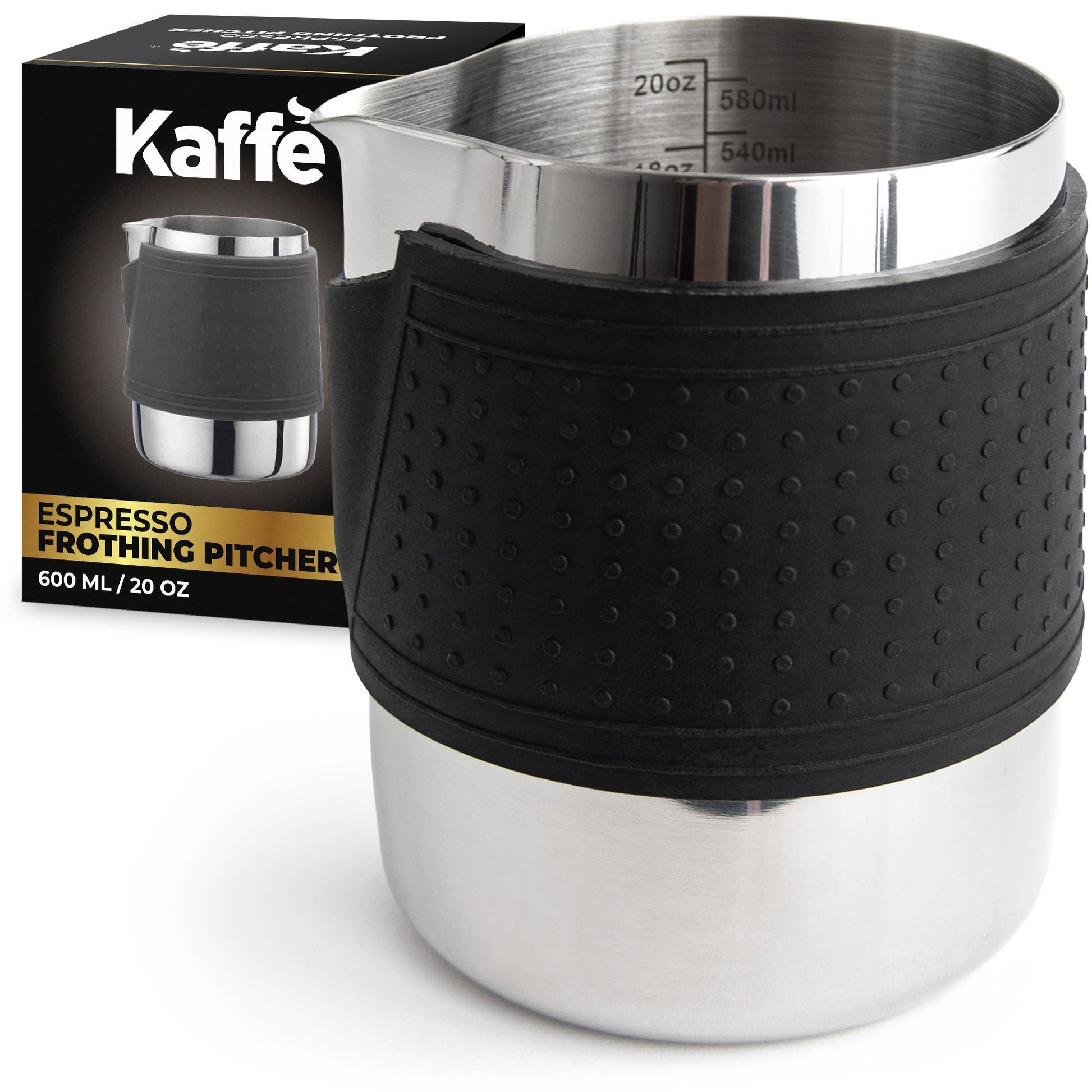 A 20oz stainless steel milk frothing pitcher by Kaffe, featuring a heat-resistant silicone sleeve and drip-free spout. Perfect for steaming milk, frothing, and latte art.