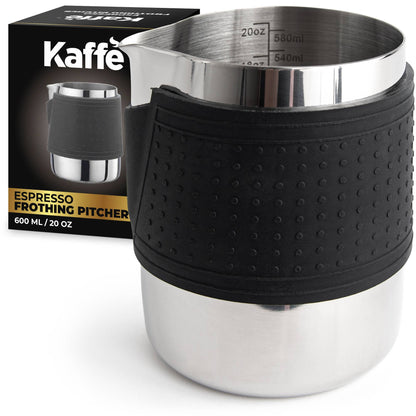 A 20oz stainless steel milk frothing pitcher by Kaffe, featuring a heat-resistant silicone sleeve and drip-free spout. Perfect for steaming milk, frothing, and latte art.