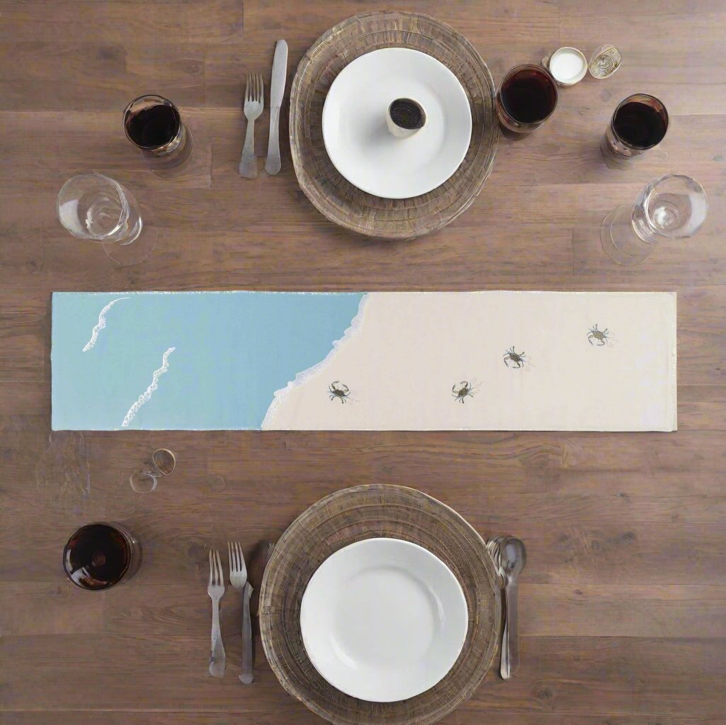 Rightside Design - Embroidered Baby Crab and Beach Waves Table Runner