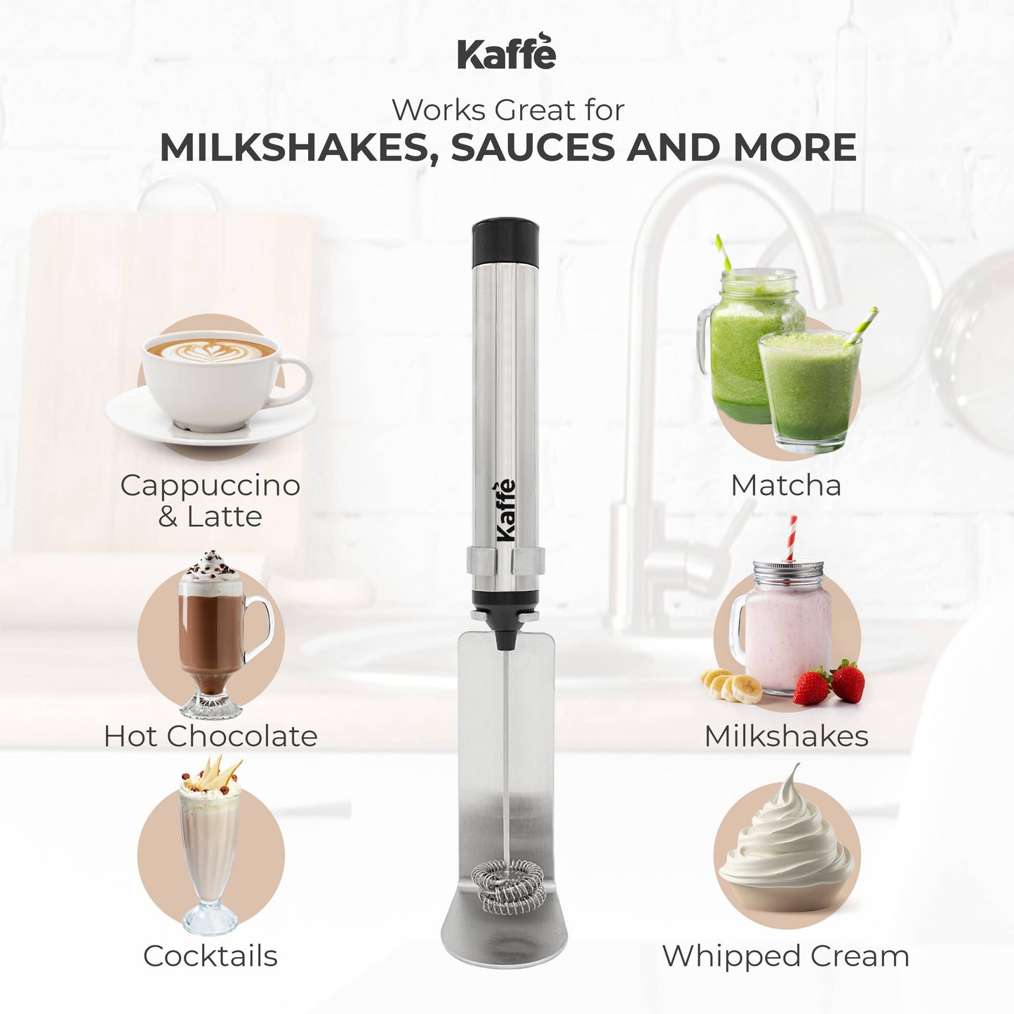 Kaffe - Kaffe Handheld Milk Frother with Stand - USB Rechargeable: Stainless Steel