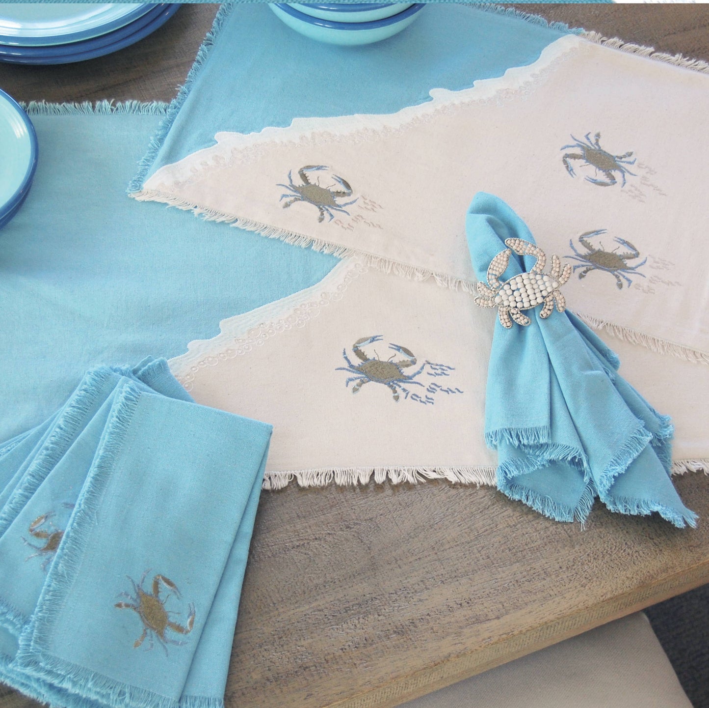 Rightside Design - Embroidered Baby Crab and Beach Waves Table Runner