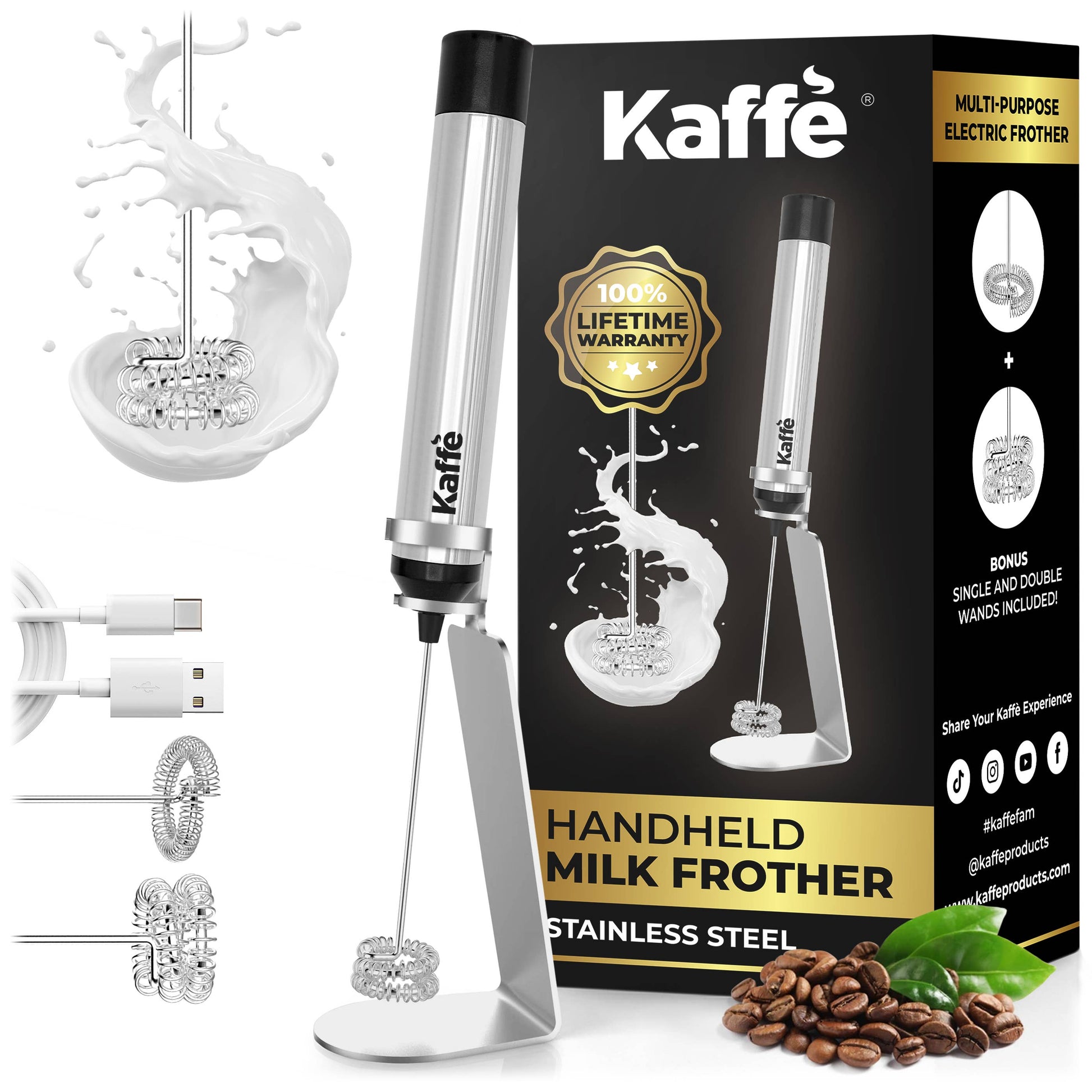 A sleek stainless steel handheld milk frother by Kaffe, with a USB rechargeable design and a sturdy stand. Perfect for creating froth for lattes, cappuccinos, and other beverages at home.