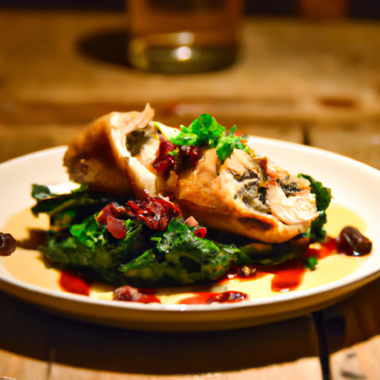 A plate featuring stuffed chicken, golden brown and filled with creamy goat cheese, fresh spinach, and dried cranberries. The dish is drizzled with tangy balsamic sauce and garnished with fresh herbs, set on a rustic wooden table with warm lighting, creating a cozy atmosphere for a meal.