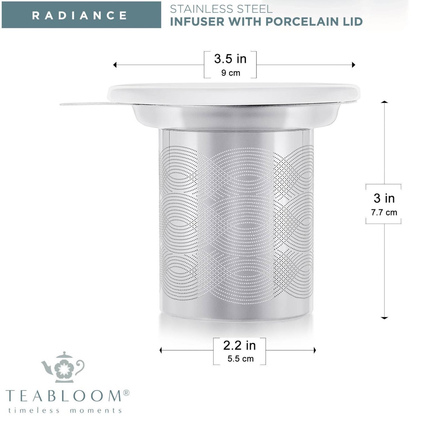 "Teabloom Universal Tea Infuser made of 18/8 stainless steel with a detailed perforated design and a porcelain lid, displayed on a white background."